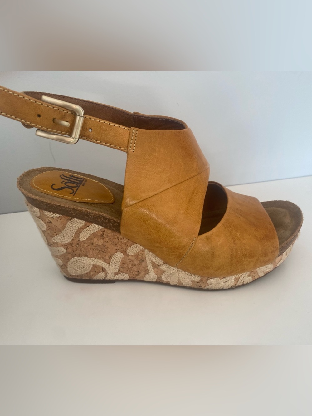 Sofft Mustard/Tan Embroidered Cork Wedge Sandal